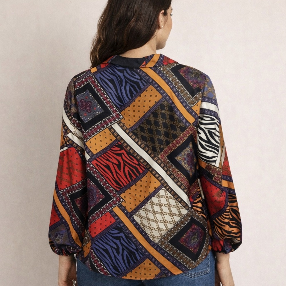 Marc New York Patchwork Geometric & Animal Print Blouse Size M - Picture 3 of 12